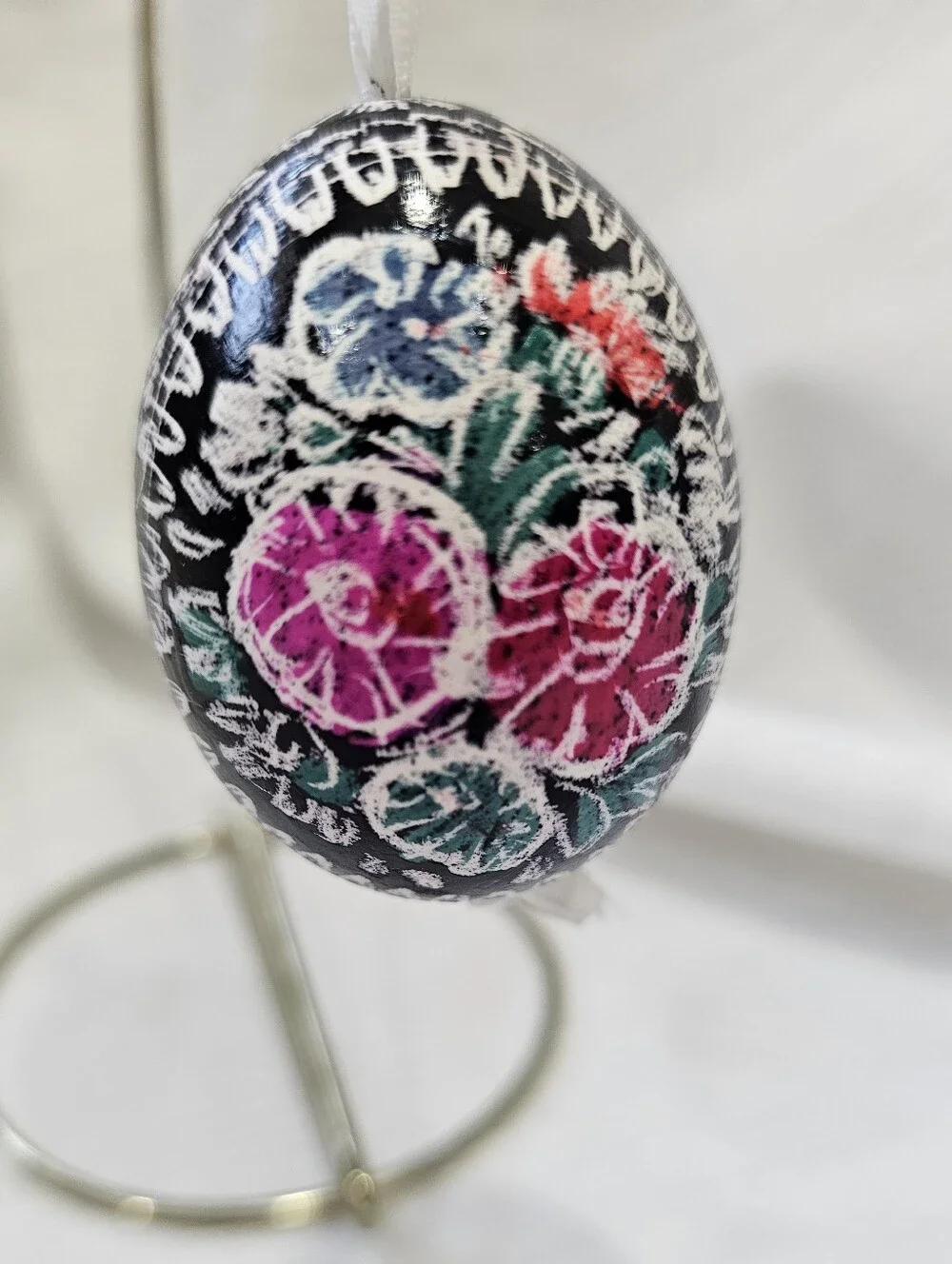 Vintage Kraslice Egg Ornament from Czech Republic Hand-Painted Floral Hanging